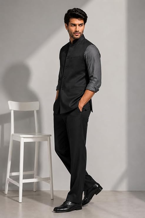 Men Black Nehru Jacket - Image 4