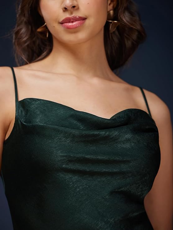 FableStreet Satin Cowl Neck Slip Dress - Olive - Image 5