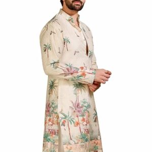 SOJANYA Men's Cotton Krochet Daman Print Cream Long Kurta