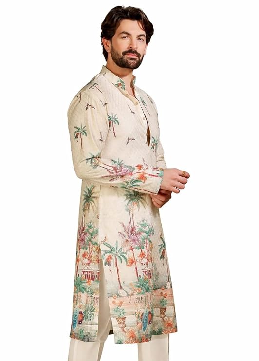 SOJANYA Men's Cotton Krochet Daman Print Cream Long Kurta