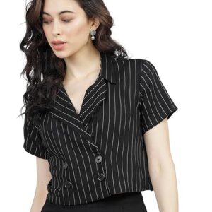 Tokyo Talkies Women's Striped Double-Breasted Crop Top