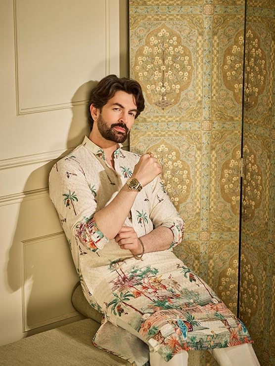 SOJANYA Men's Cotton Krochet Daman Print Cream Long Kurta - Image 6