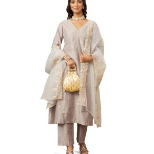 Myx Women's Kurta Pant Set with Embroidered Organza Dupatta
