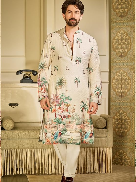 SOJANYA Men's Cotton Krochet Daman Print Cream Long Kurta - Image 2