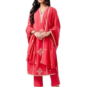 Women's Embroidered Cotton Kurta Pant Set with Dupatta