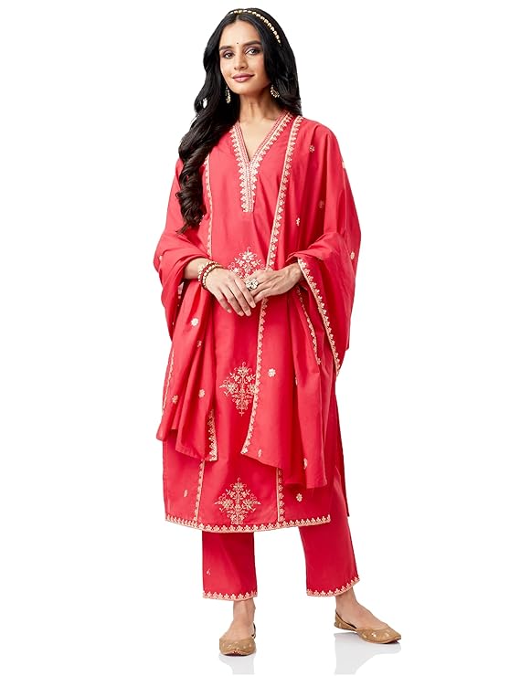 Women's Embroidered Cotton Kurta Pant Set with Dupatta