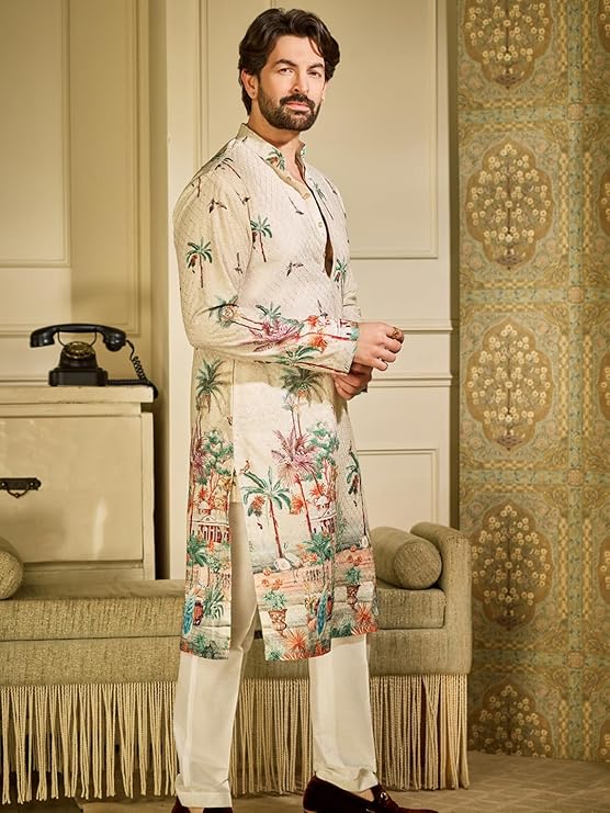 SOJANYA Men's Cotton Krochet Daman Print Cream Long Kurta - Image 5