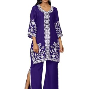 Ethnic Junction Women's Cotton Blend Chikankari Embroidery A-Line Kurta Palazzo Set