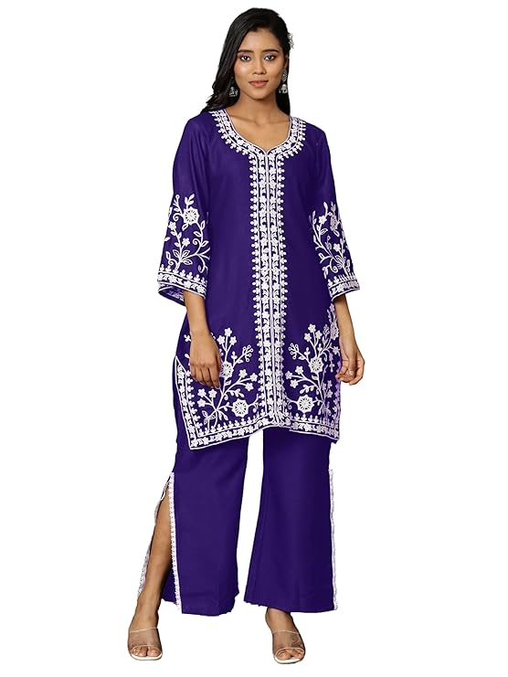 Ethnic Junction Women's Cotton Blend Chikankari Embroidery A-Line Kurta Palazzo Set
