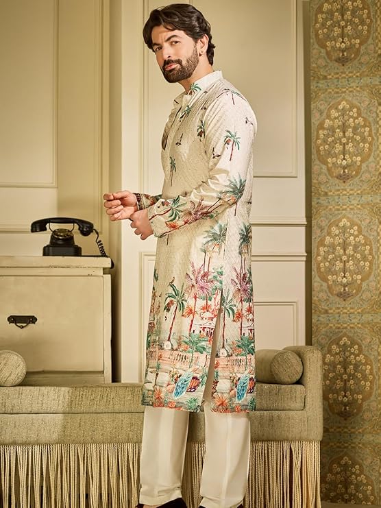 SOJANYA Men's Cotton Krochet Daman Print Cream Long Kurta - Image 3