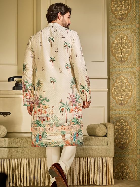 SOJANYA Men's Cotton Krochet Daman Print Cream Long Kurta - Image 4