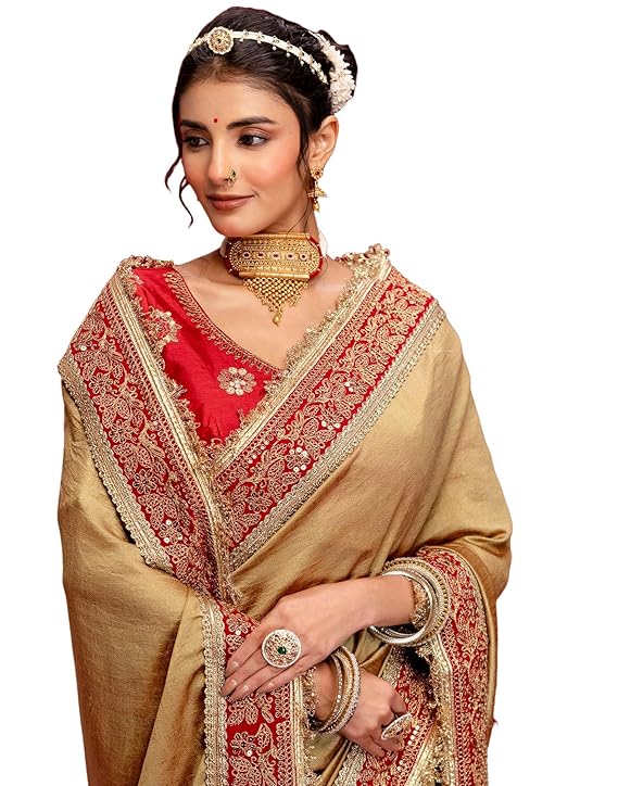 SIRIL Women's Vichitra Silk Sequins Embroidery Lace Saree