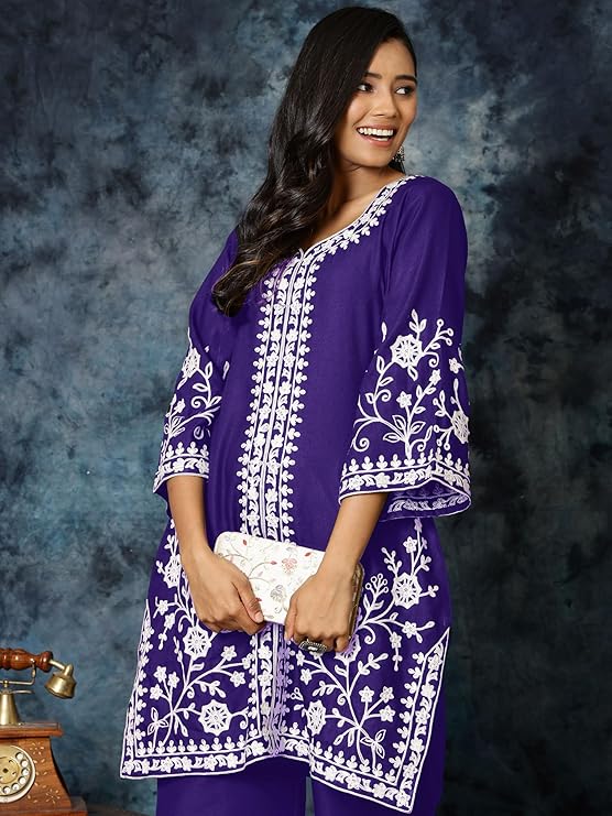 Ethnic Junction Women's Cotton Blend Chikankari Embroidery A-Line Kurta Palazzo Set - Image 6