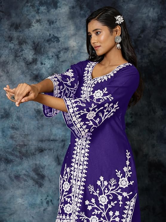 Ethnic Junction Women's Cotton Blend Chikankari Embroidery A-Line Kurta Palazzo Set - Image 3