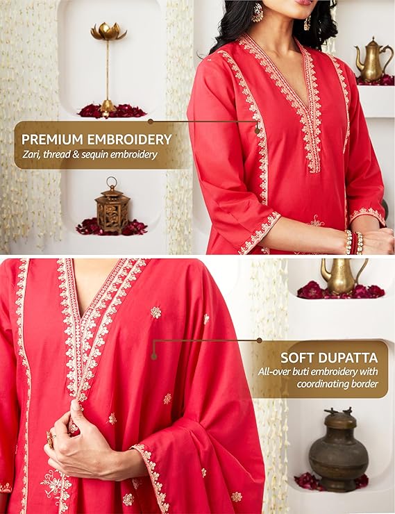 Women's Embroidered Cotton Kurta Pant Set with Dupatta - Image 5