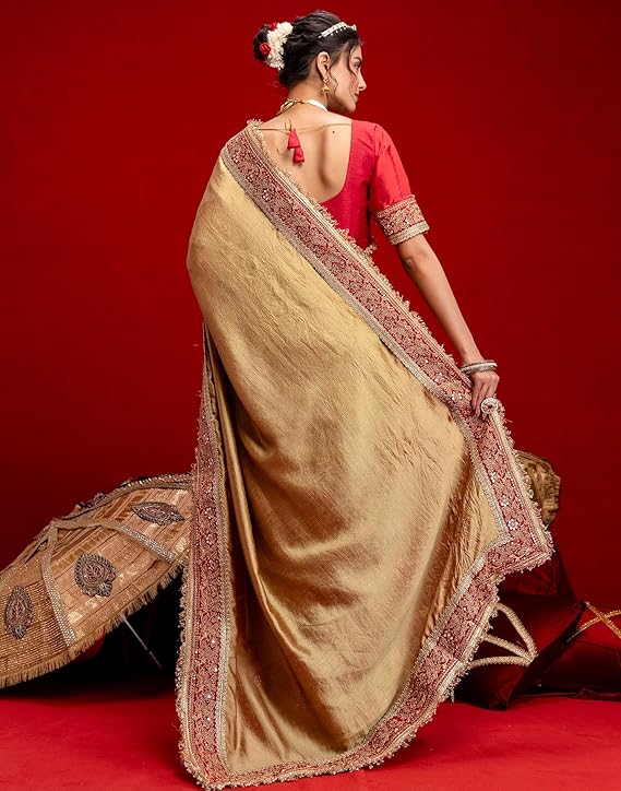 SIRIL Women's Vichitra Silk Sequins Embroidery Lace Saree - Image 4