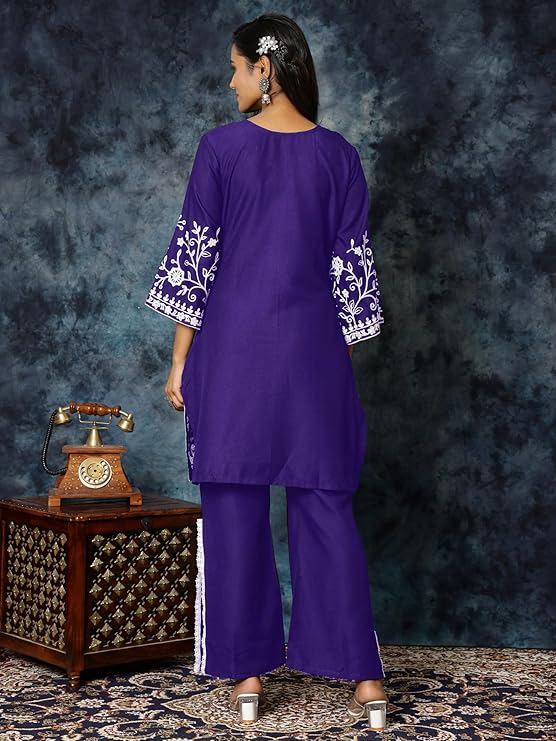 Ethnic Junction Women's Cotton Blend Chikankari Embroidery A-Line Kurta Palazzo Set - Image 4