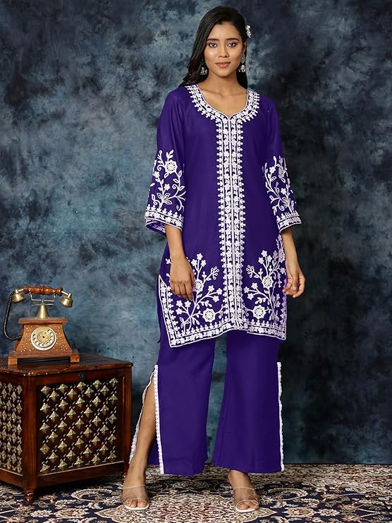 Ethnic Junction Women's Cotton Blend Chikankari Embroidery A-Line Kurta Palazzo Set - Image 5