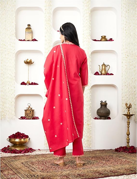 Women's Embroidered Cotton Kurta Pant Set with Dupatta - Image 6