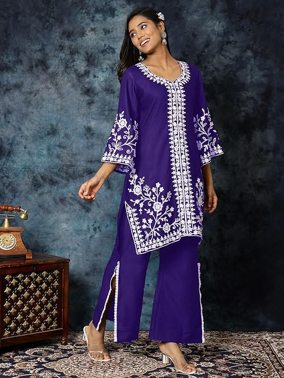 Ethnic Junction Women's Cotton Blend Chikankari Embroidery A-Line Kurta Palazzo Set - Image 2