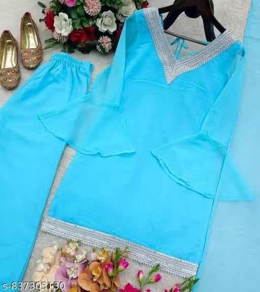 Women’s Sky Blue Georgette Kurta Set with Palazzo Pants & Dupatta - Image 2