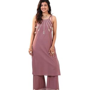 Tavasya Womens Geometric Embroidery Halter Neck Kurta with Pant