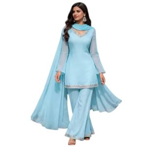 Women’s Sky Blue Georgette Kurta Set with Palazzo Pants & Dupatta