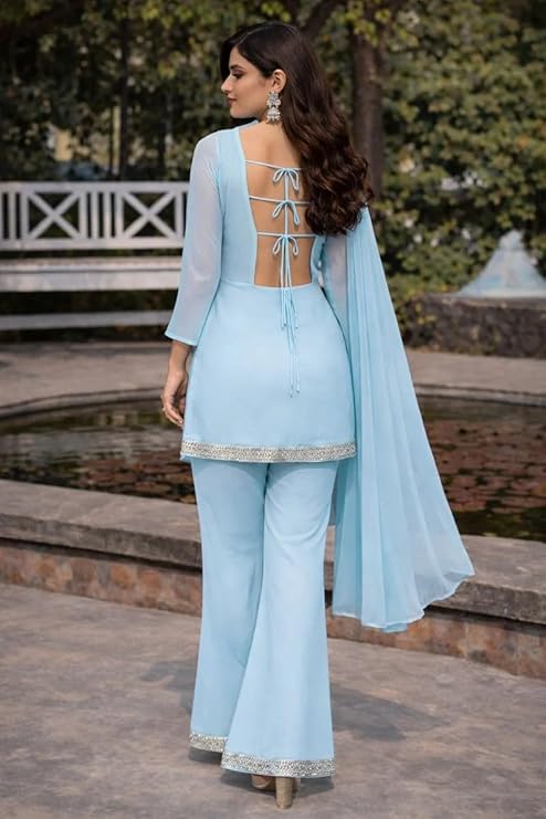 Women’s Sky Blue Georgette Kurta Set with Palazzo Pants & Dupatta - Image 5