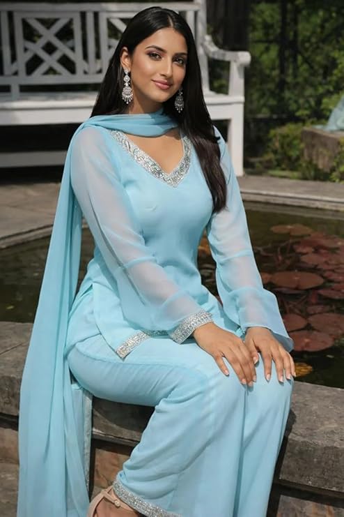 Women’s Sky Blue Georgette Kurta Set with Palazzo Pants & Dupatta - Image 4