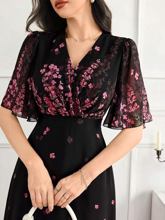Women's floral printed georgette one-piece dress with V-neck and flutter sleeves.