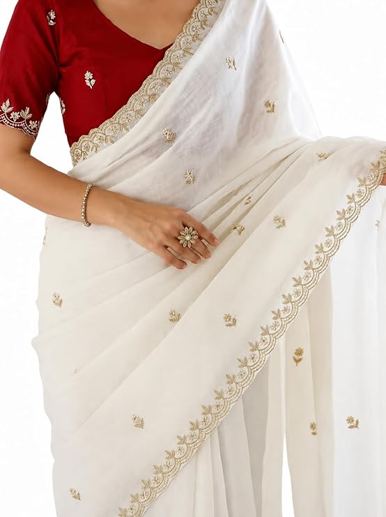 Elegant white chiffon saree