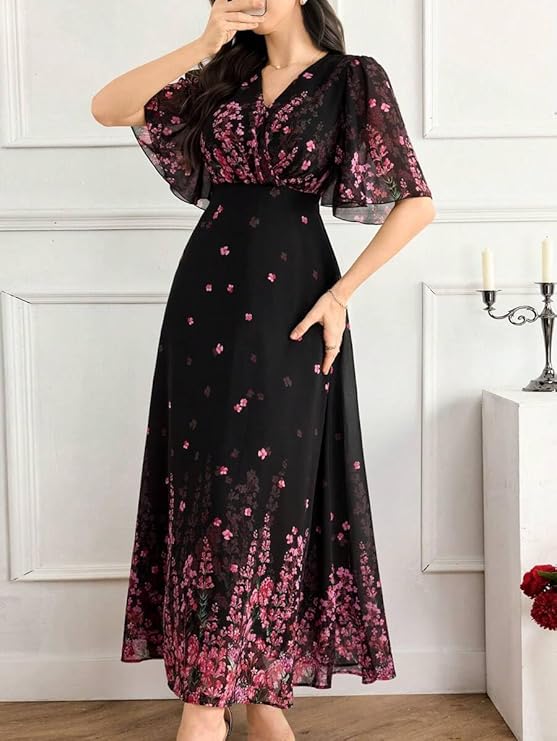 Women's floral printed georgette one-piece dress with V-neck and flutter sleeves.