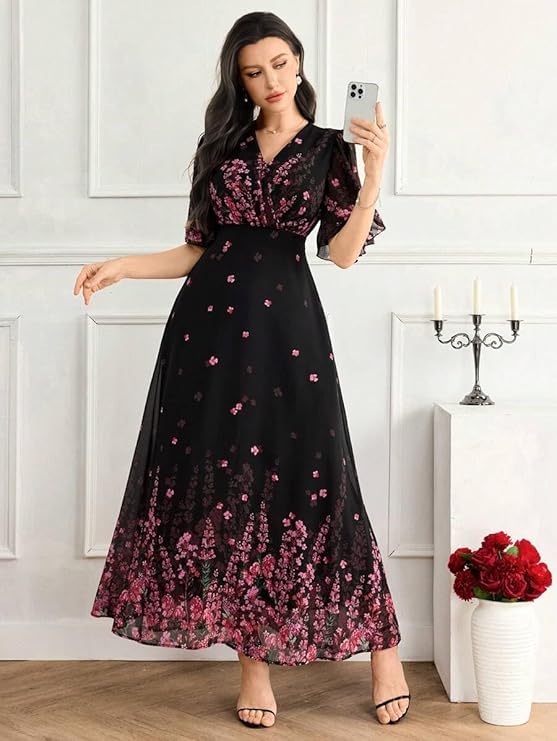 Women's floral printed georgette one-piece dress with V-neck and flutter sleeves.