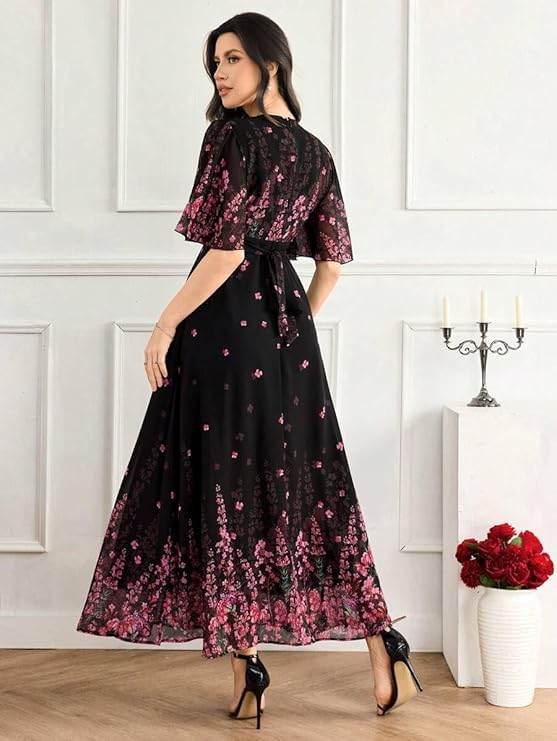 Women's floral printed georgette one-piece dress with V-neck and flutter sleeves.