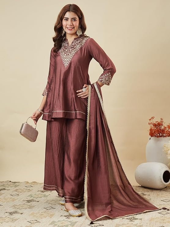 MOKOSH Women’s Silk Embroidery Kurta Sharara Set with Dupatta