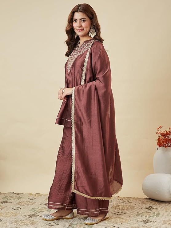 MOKOSH Women’s Silk Embroidery Kurta Sharara Set with Dupatta