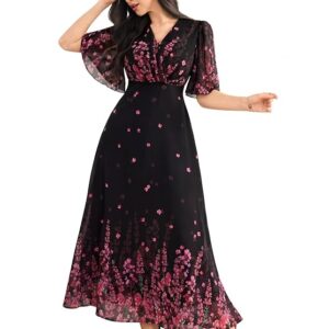 Women's floral printed georgette one-piece dress with V-neck and flutter sleeves.