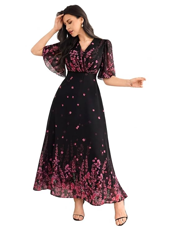 Women's floral printed georgette one-piece dress with V-neck and flutter sleeves.