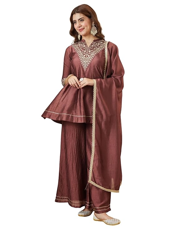 MOKOSH Women’s Silk Embroidery Kurta Sharara Set with Dupatta