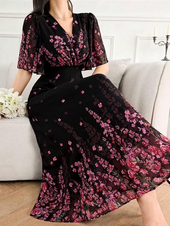 Women's floral printed georgette one-piece dress with V-neck and flutter sleeves.