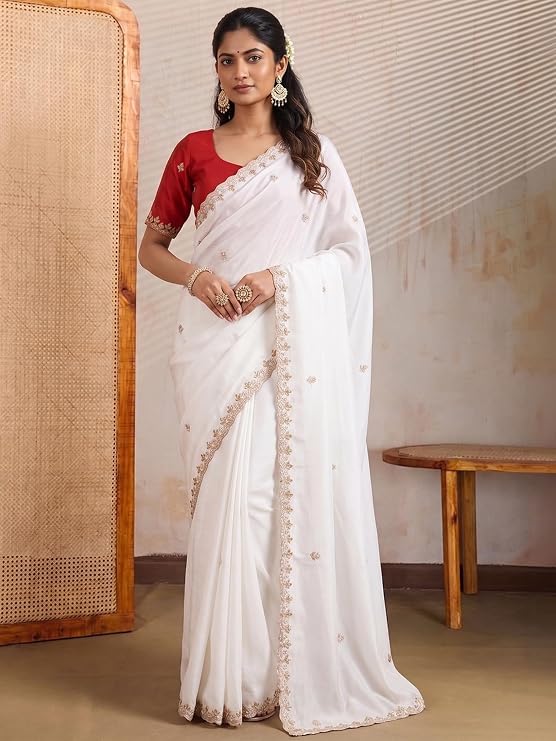 Elegant white chiffon saree