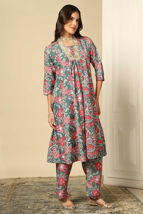 GRECIILOOKS women's printed cotton kurta set